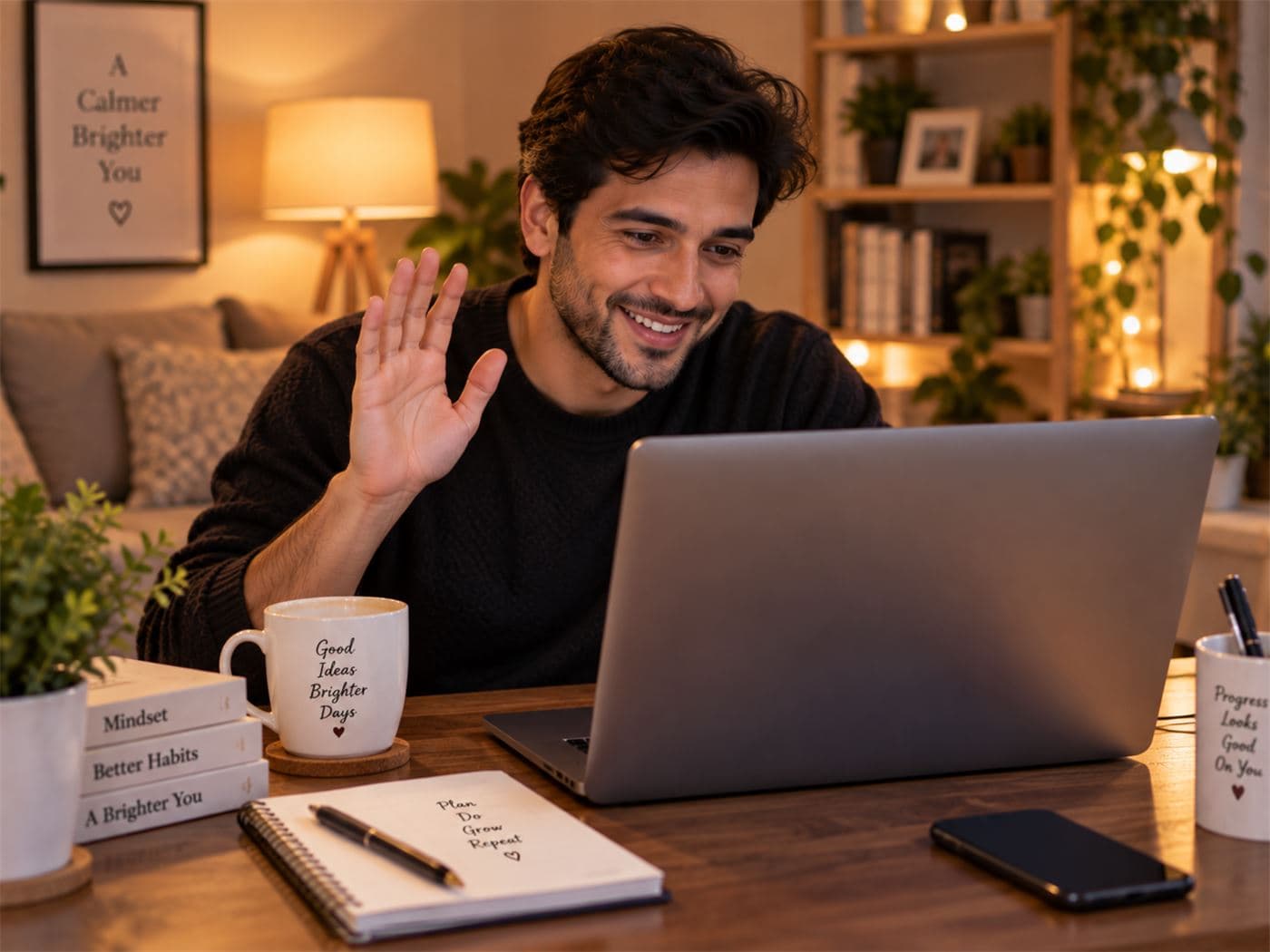 A person having a warm conversation over video chat