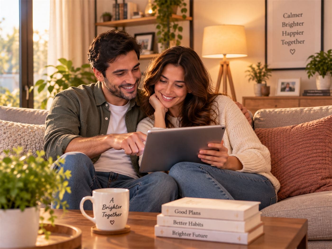 A couple reading a report together on a tablet and discussing it happily