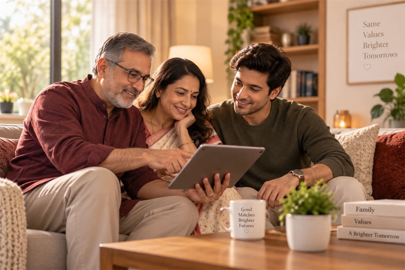 Parents and their son sitting together on a sofa, smiling as they look at a tablet together