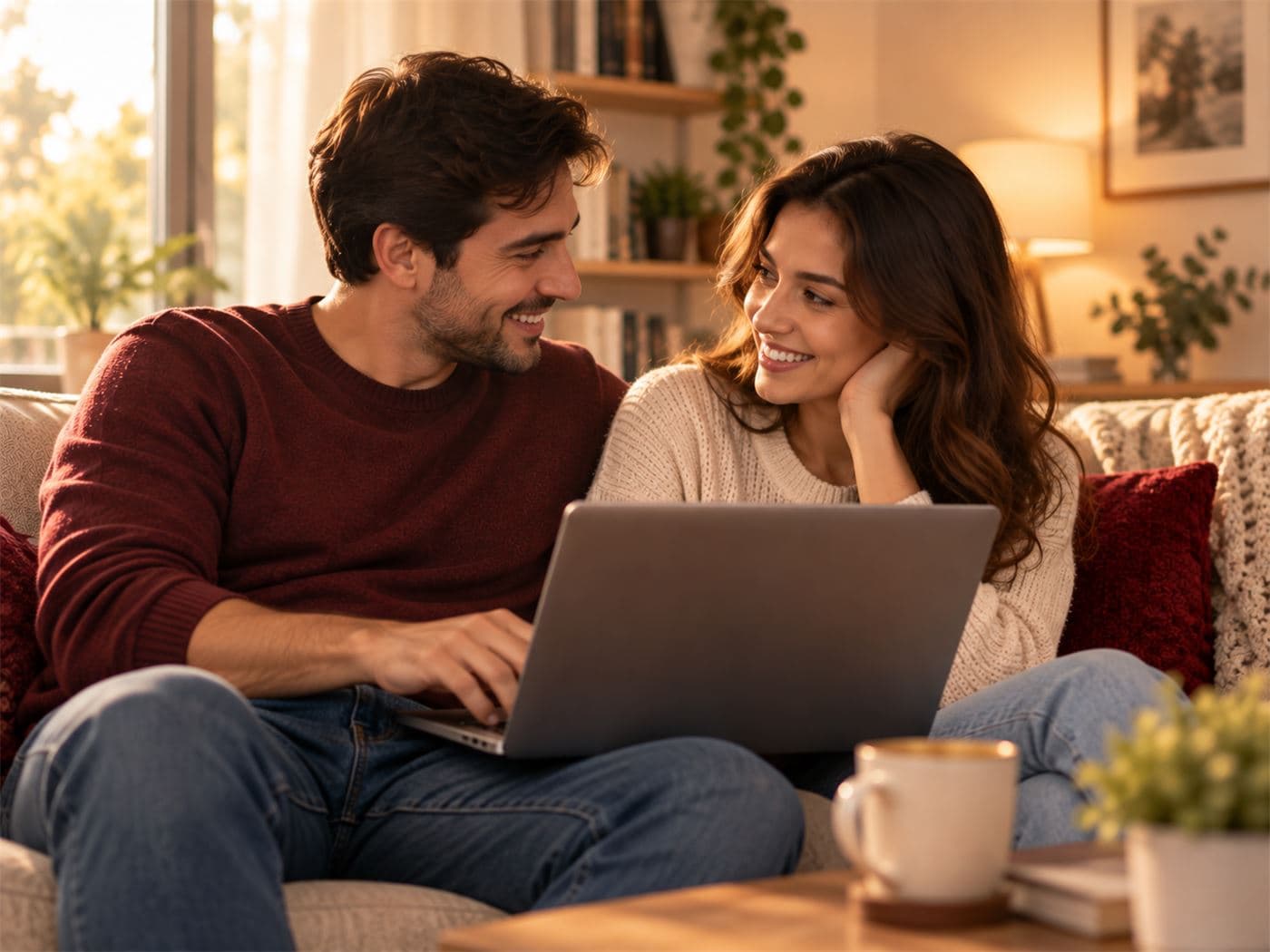 Two people looking at a laptop together, smiling