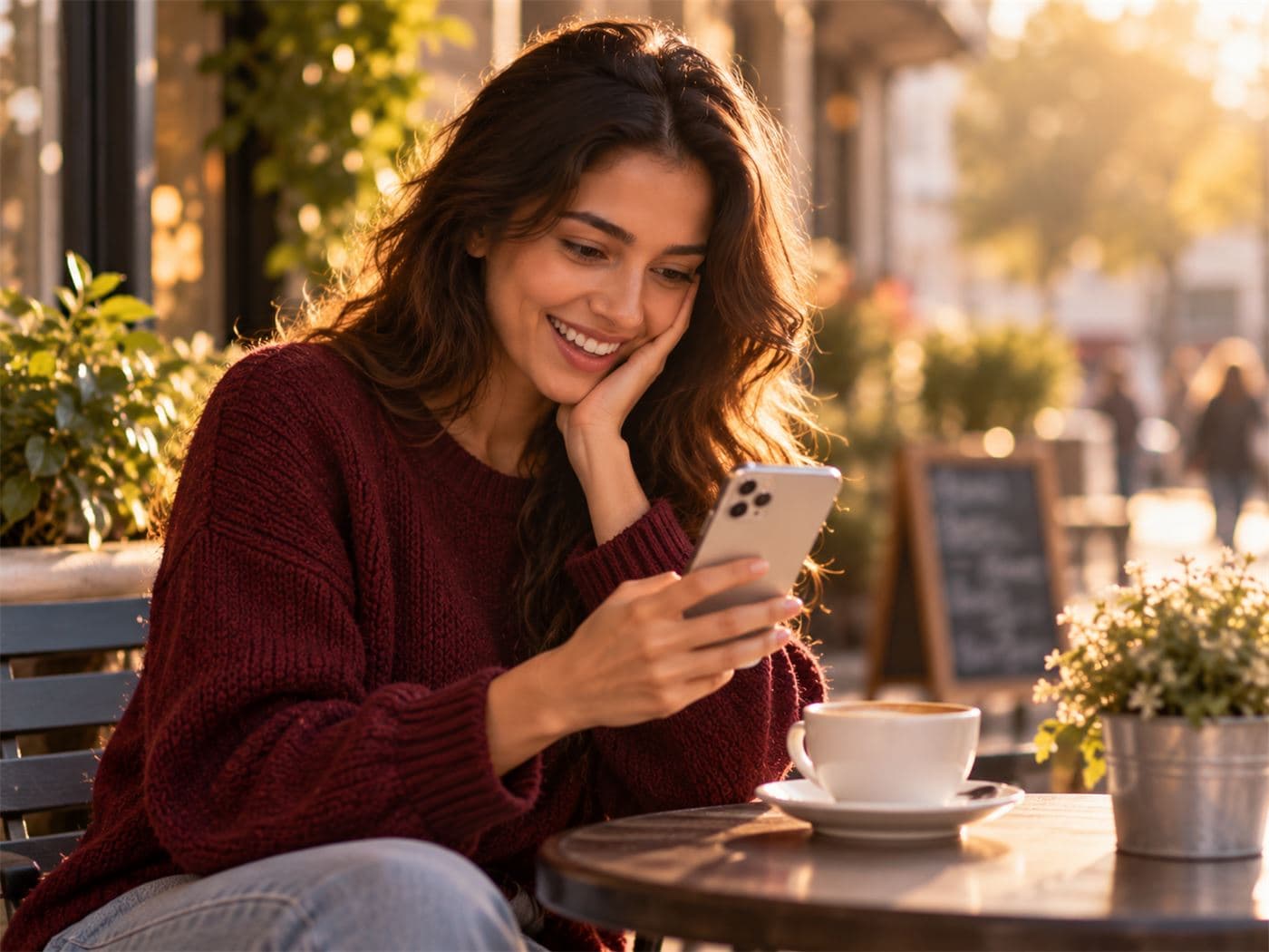 A person smiling at their phone, pleased with their results