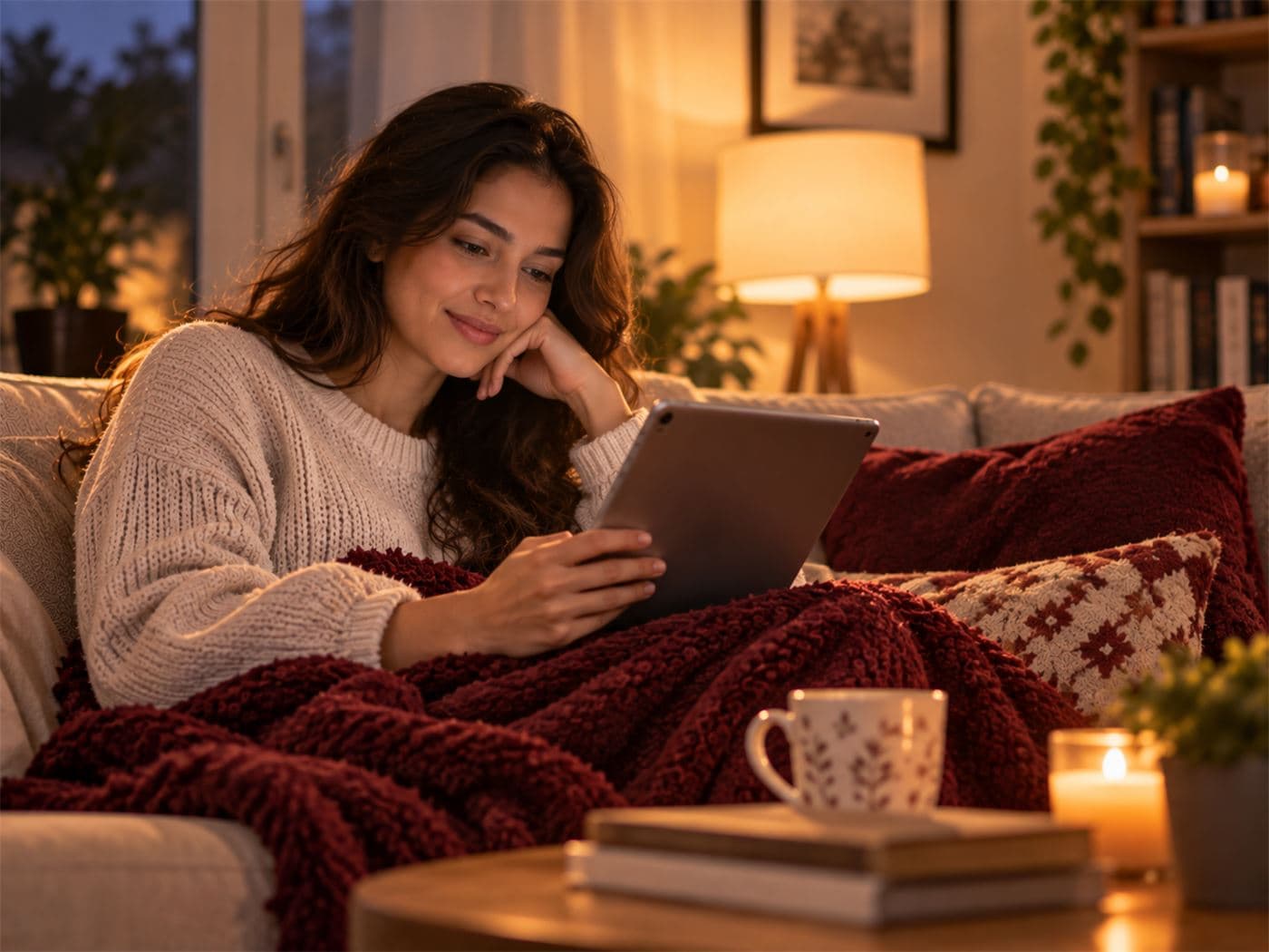 A person relaxed on a sofa, reviewing a detailed report on a tablet