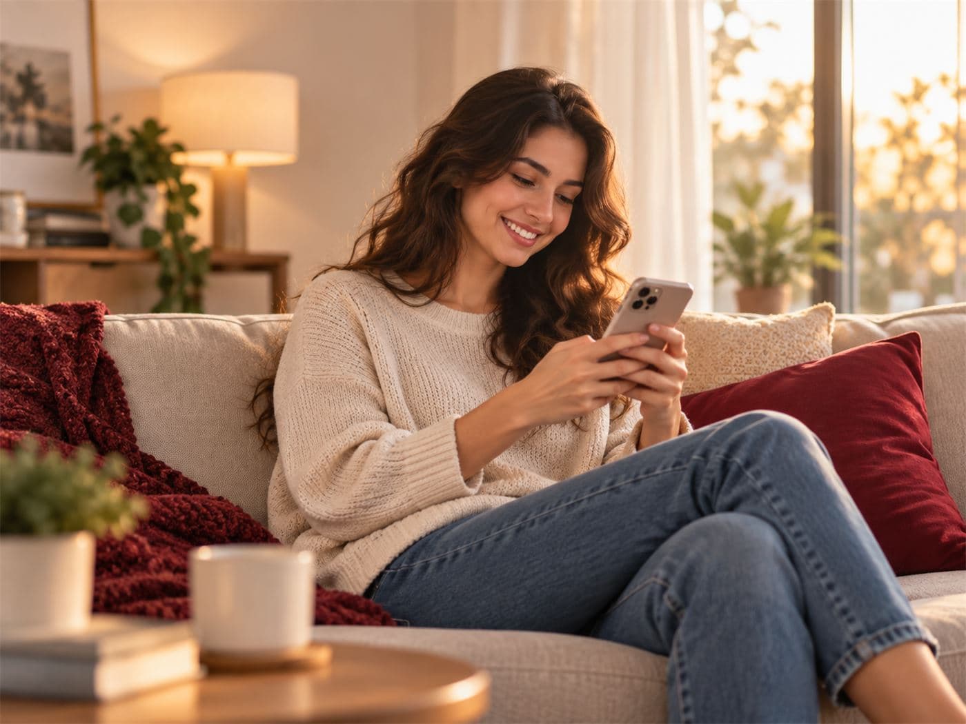 A woman smiling as she checks her compatibility results on her phone at home
